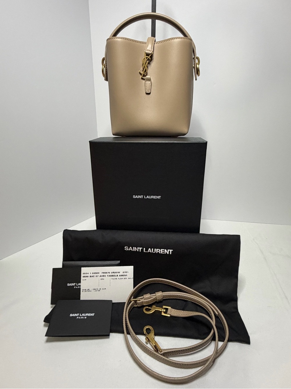Saint Laurent Beige Mini Bucket Bag with Gold Hardware